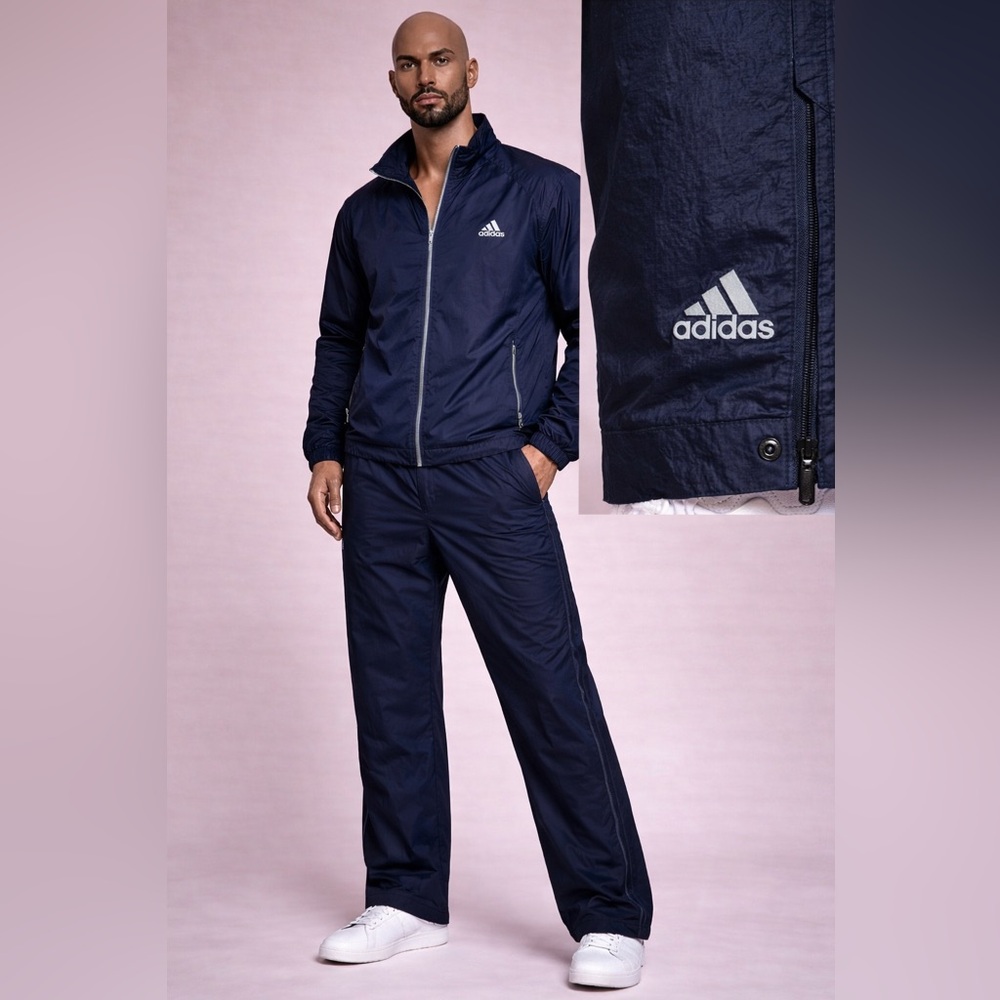 Vintage Adidas Navy Windbreaker Track Suit Set XL Nylon Jacket Pants Zip